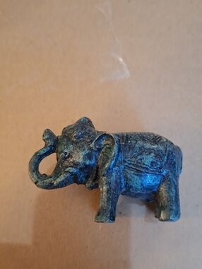 Patinated Antique Bronze Elephant Figurine - Blue Green Accent